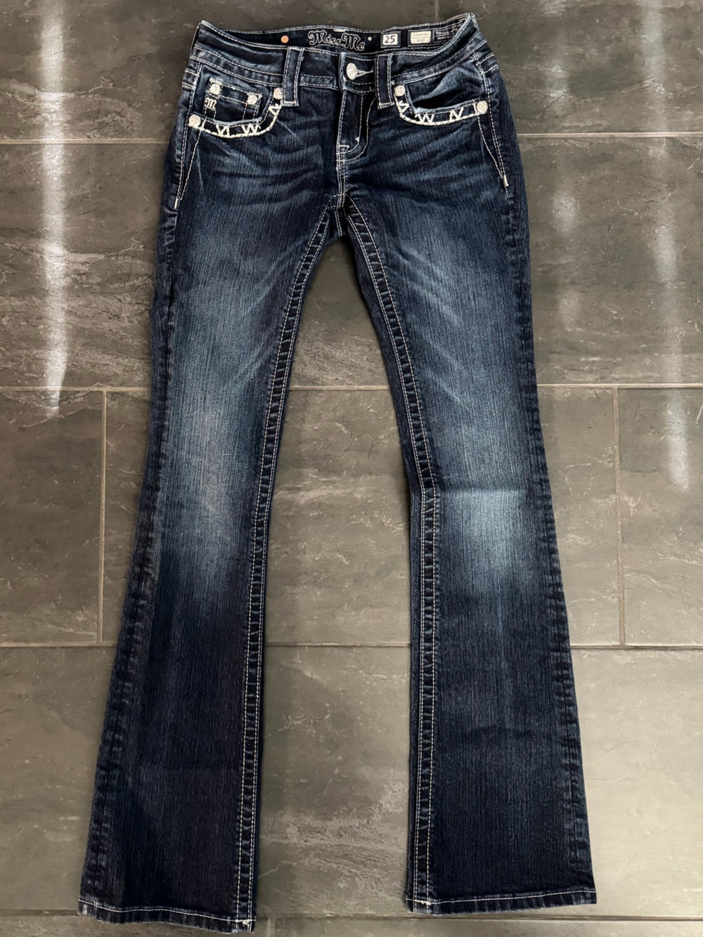 Miss Me Dark Blue Flare Jeans with Faded Detail